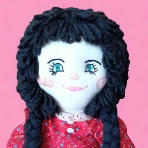 Vintage Doll Cloth Embroidered Facial Features 22" Yarn Hair Rag Doll Figure